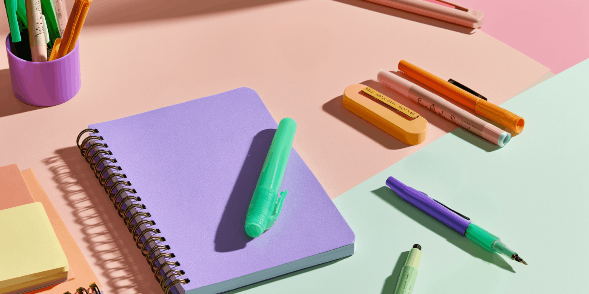 Pastel Back-to-School stationery: pencils, notebooks and erasers arranged on a colourful surface