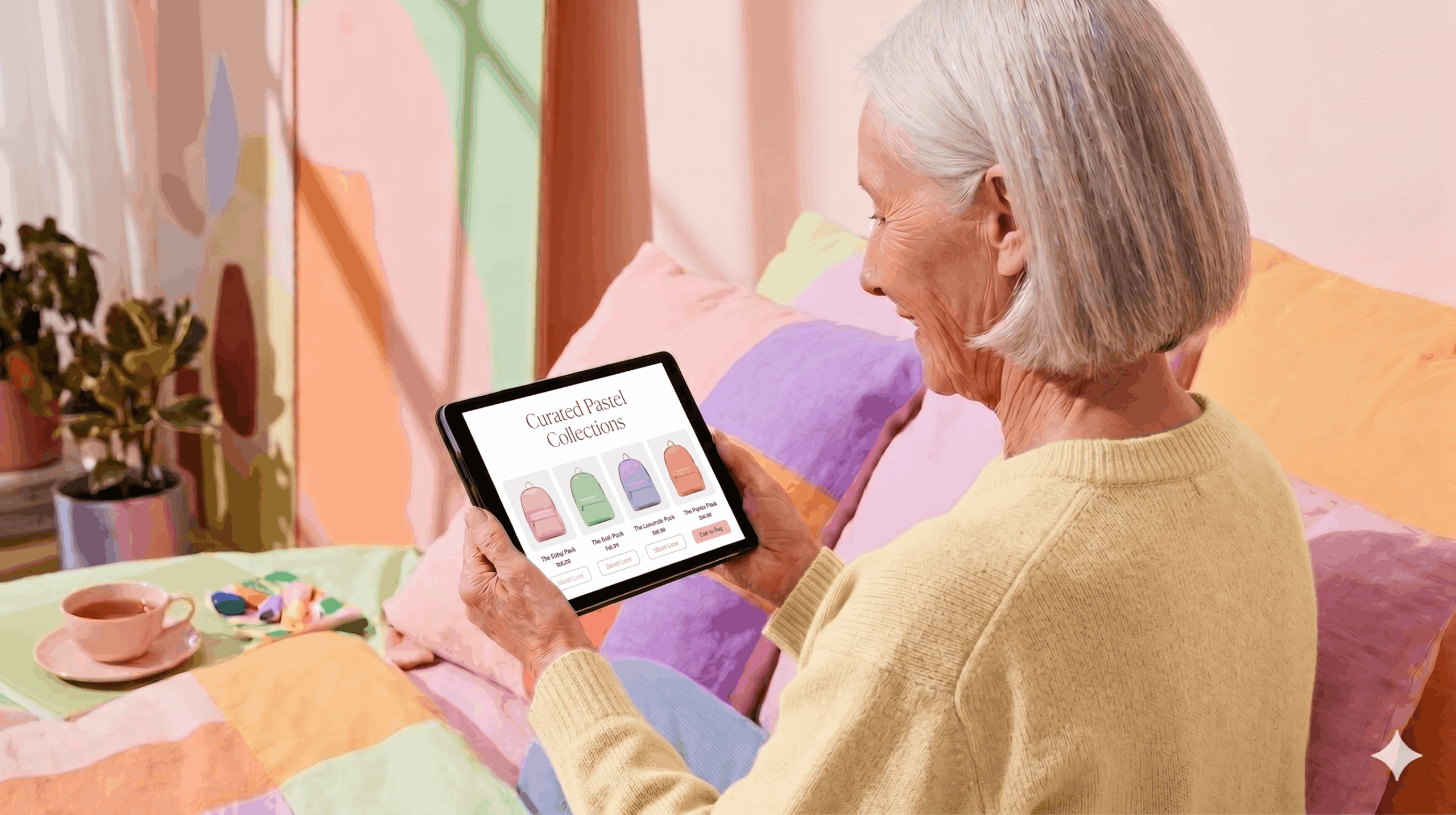 Older shopper browsing curated Back-to-School product collections on a tablet